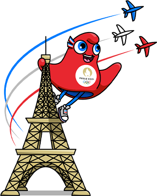 Paris 2024 Olympic mascot climbing the Eiffel Tower as three planes fly by
