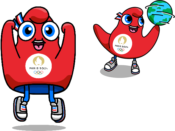 Two Paris Olympic mascots jumping for joy